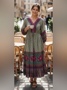 NWT Zudio Boho Embroidered V-Neck Hippy Floral Print Dress Medium